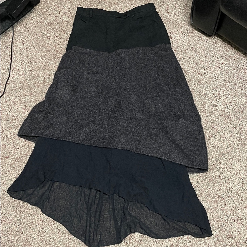 Sarah pacini multi texture/hem black sheer with grey wool midi skirt